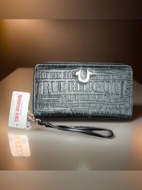 True Religion Black Embossed Zip Wristlet